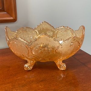 Vintage Indiana Marigold Footed Carnival Glass Oval Bowl Compote Scalloped Edge